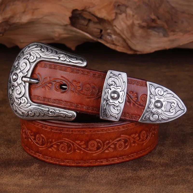 High Quality Court Style Embossed Western Cowboy Steel Buckle Belt