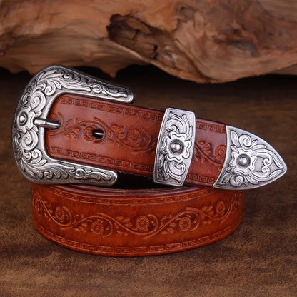 High Quality Court Style Embossed Western Cowboy Steel Buckle Belt