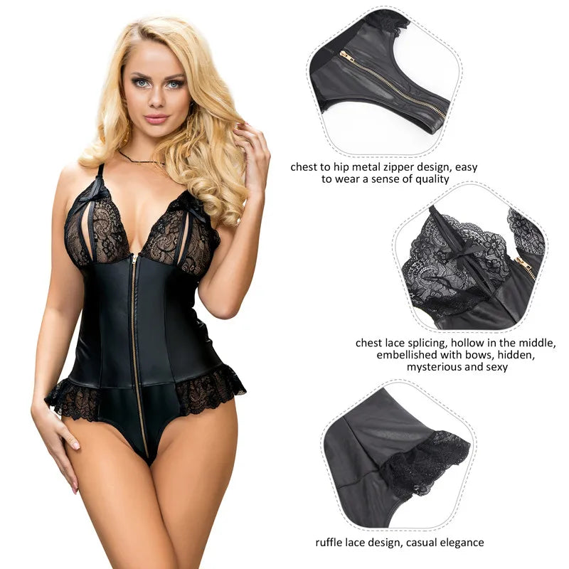 Strap Zipper Faux Leather Bodysuit for Women