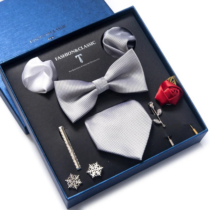 Silk Tie Set with Handkerchief, Cufflinks, and Bow Tie Clip