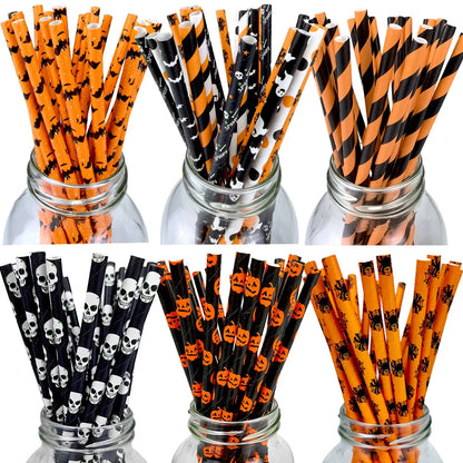 Halloween Biodegradable Paper Straws - 25/50/100pcs Black & Orange