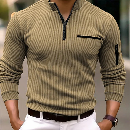 Men's Casual Tooling Style POLO Shirt – Striped Arm Long Sleeve Zipper Splicing