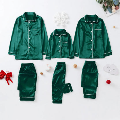 Family Matching Pajamas Set – Solid Color Green & Red Satin Sleepwear