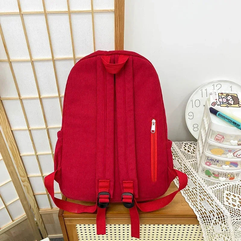 Solid Star Twist Zipper Corduroy School Bag