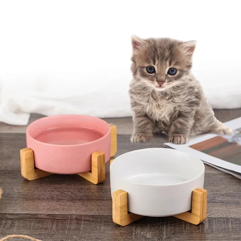 Ceramic Pet Bowl with Wood Stand