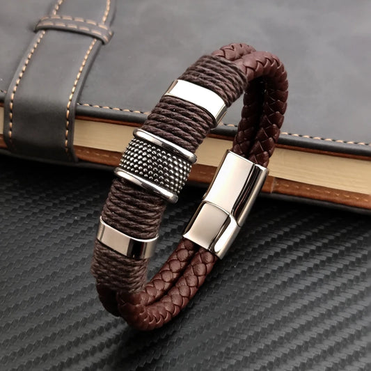 Luxury Vintage Multilayer Brown Genuine Leather and Stone Bead Bracelet for Men