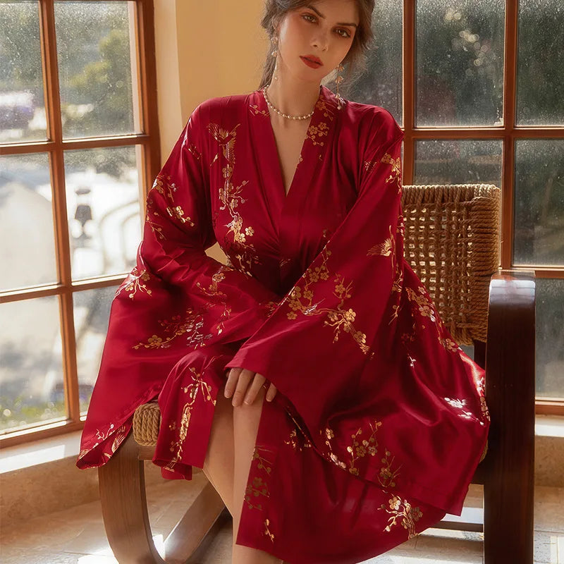 Luxury Burgundy Kimono Robe - Elegant Satin