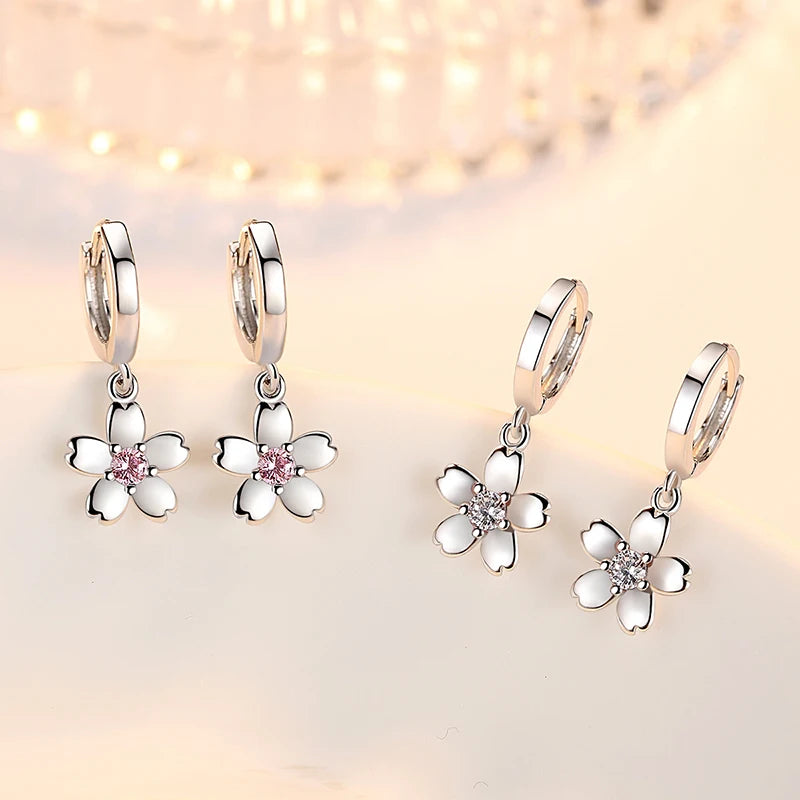 Solid 925 Sterling Silver Crystal Zircon Flower Drop Earrings