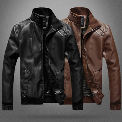 Men's Slim Fit Stand Collar Zipper Leather Jacket