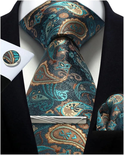 100% Silk Paisley Floral Necktie Set – Tie, Pocket Square, Clip & Cufflinks