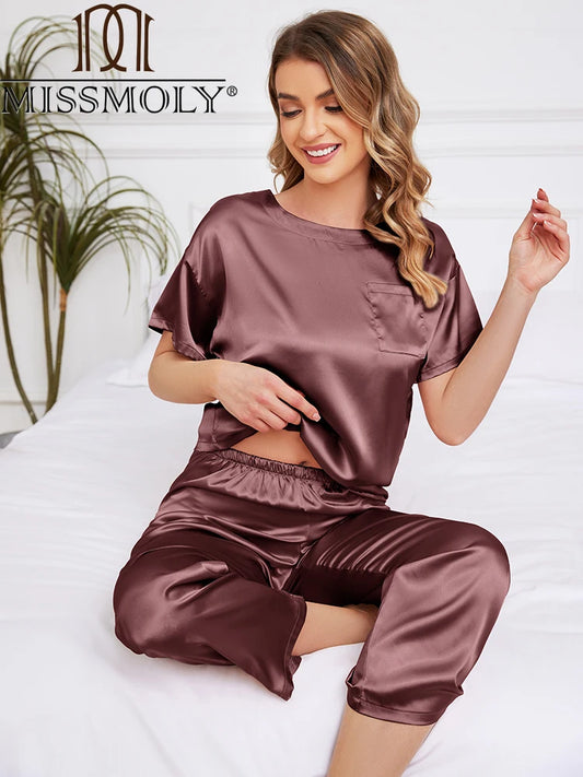 Women's Silk Satin Pajama Set - Short Sleeve & Ankle-Length Pants