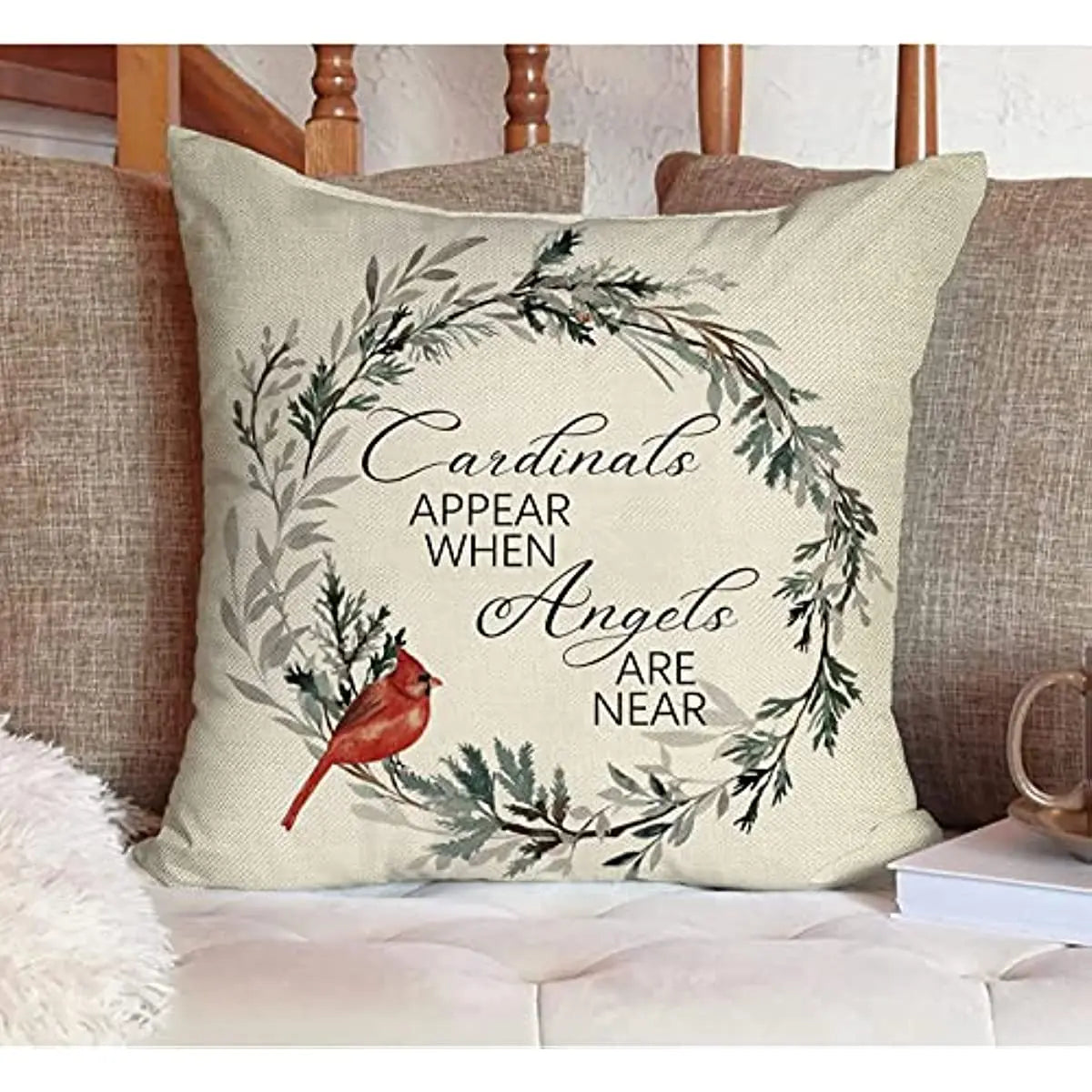 Red Bird Throw Pillow Cover | 16x16 Cardinals Quote Farmhouse Christian Wreath