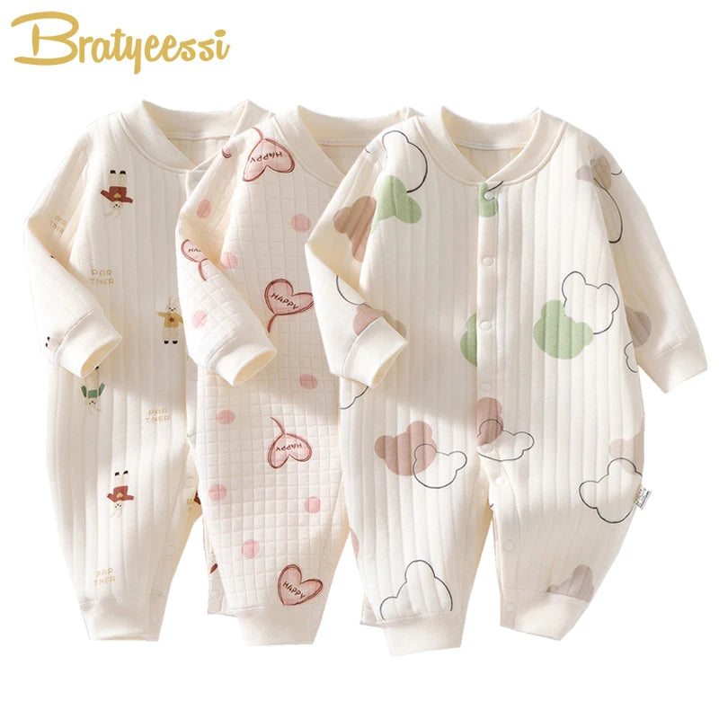 3-Layer Cartoon Newborn Romper - Bear & Bunny Design for Autumn/Winter