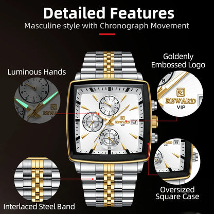 Square Dial Quartz Watch for Men – Waterproof Chronograph