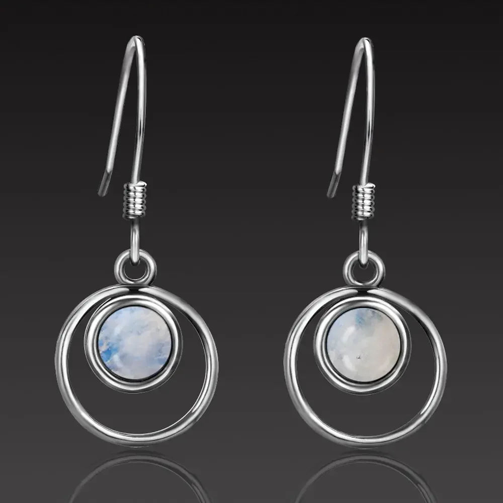 Sterling Silver 925 Round Moonstone Drop Earrings