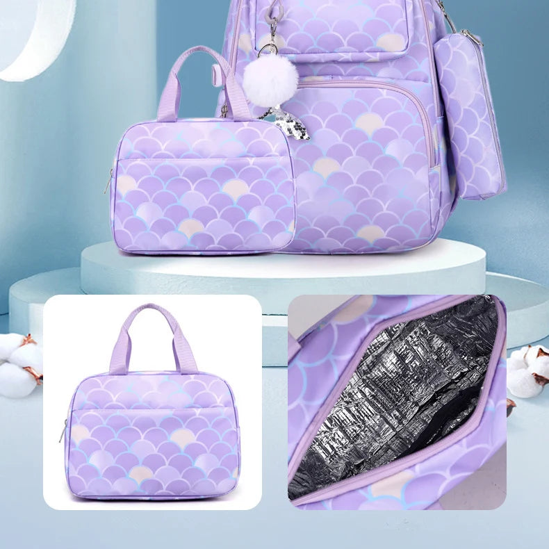 3-Piece Fish Scale Print Kid Backpack Set | Waterproof School Bag with Mermaid Pendant for Girls