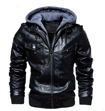 Men's PU Leather Jacket with Plush Fleece Hood – Winter Casual Outerwear