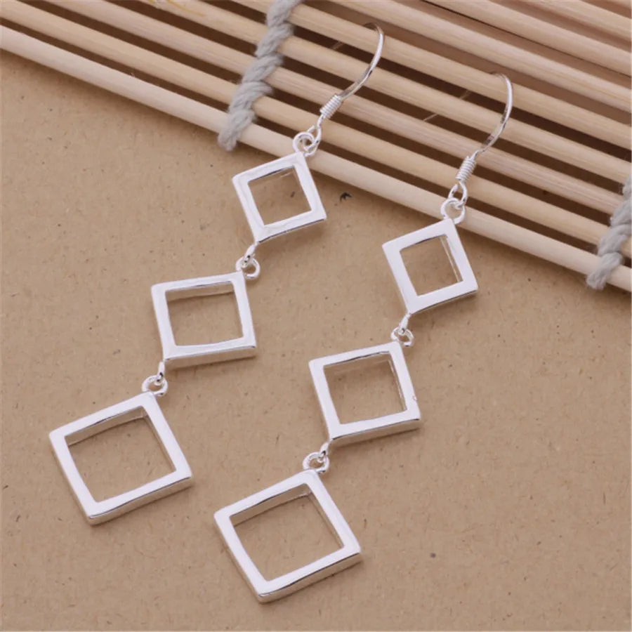 Fashion 925 Sterling Silver Square Rhombus Long Earrings