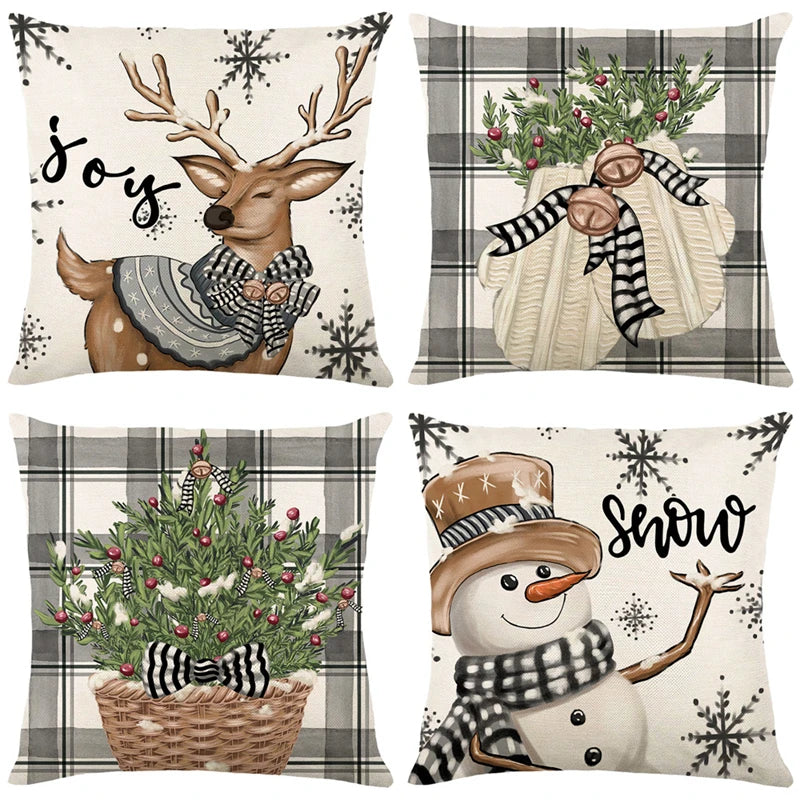 Linen Christmas Pillow Cover – Snowman & Elk Design