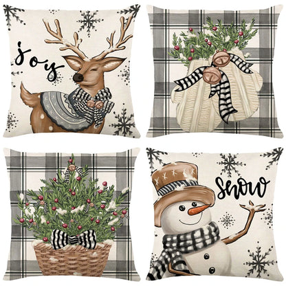 Linen Christmas Pillow Cover – Snowman & Elk Design