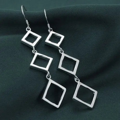 Fashion 925 Sterling Silver Square Rhombus Long Earrings