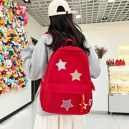 Solid Star Twist Zipper Corduroy School Bag