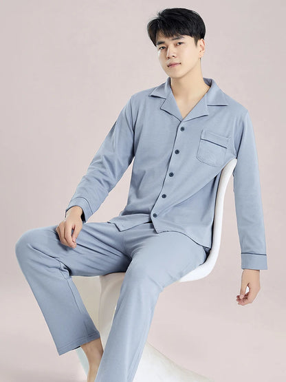 Blue Cotton Winter Pajamas for Men - Full Sleeves 2-Piece Sleepwear Set