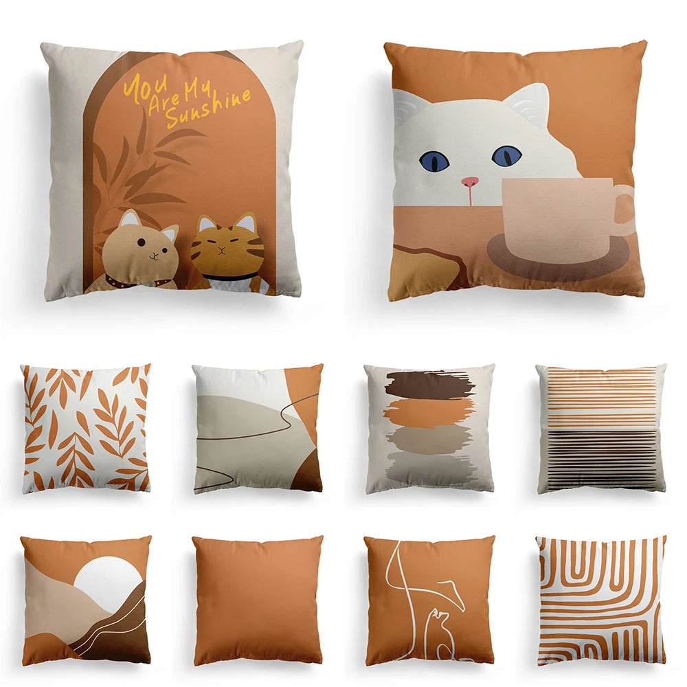 Nordic Orange Geometric Cat Print Pillow Case – Square Polyester