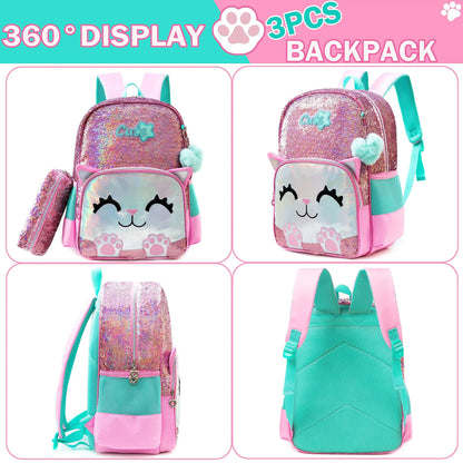 3 pcs Cute Pink Cat Backpack Set for Girls – Sequined