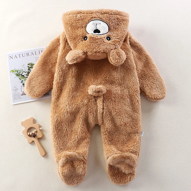 Autumn Winter Baby Hooded Jumpsuit | Plush Cartoon Romper for Newborns