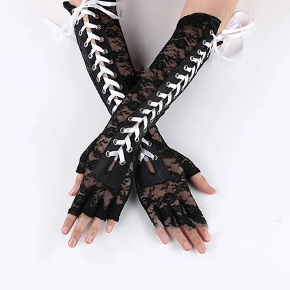 Women's Punk Half Finger Lace-Up Gloves for Halloween Party