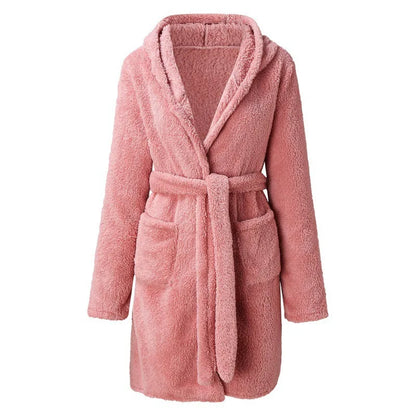 Women’s Winter Bathrobe - Plush Coral Fleece Hooded Gown