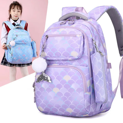 3-Piece Fish Scale Print Kid Backpack Set | Waterproof School Bag with Mermaid Pendant for Girls