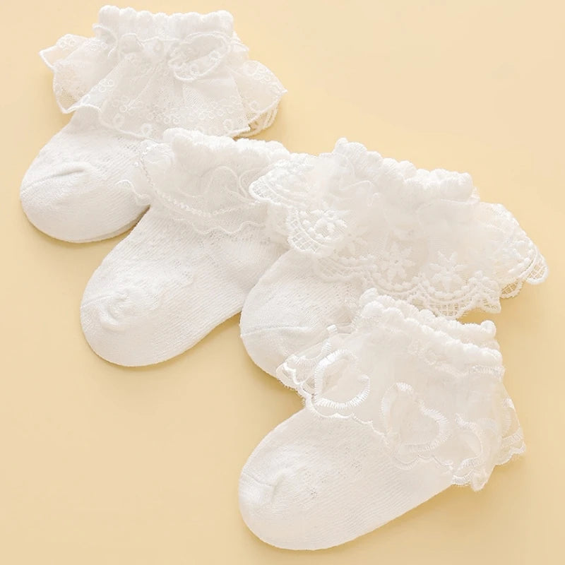 Princess Lace Floral Baby Socks with White Ruffles