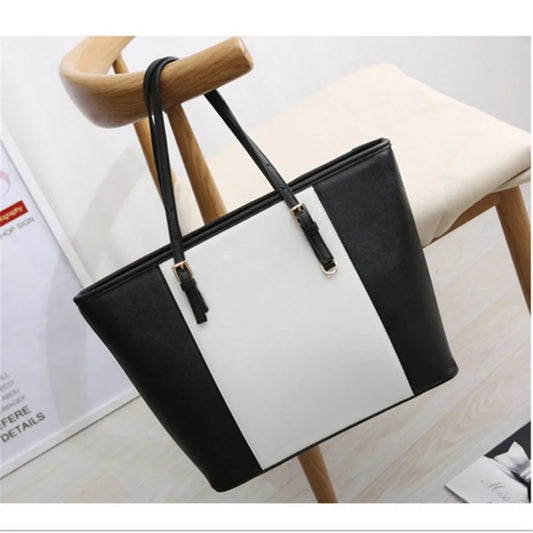 Women’s Fashion Leather Handbag | Black & White Large Capacity Shoulder Tote Bag