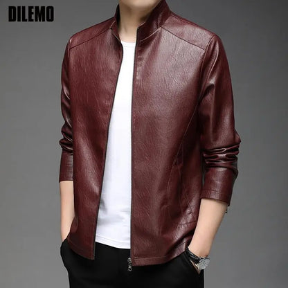 Top Grade Designer Casual Faux Leather Jacket – Brown Moto Coat for Men