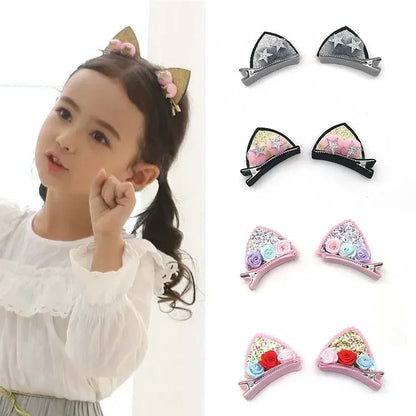 2 Pcs Cute Cat Ear Hair Clips | Glitter Rainbow