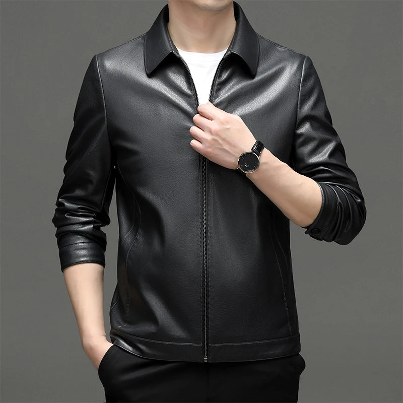 ZDT-8004 Men’s Genuine Sheepskin Leather Jacket – Slim Fit with Lapel