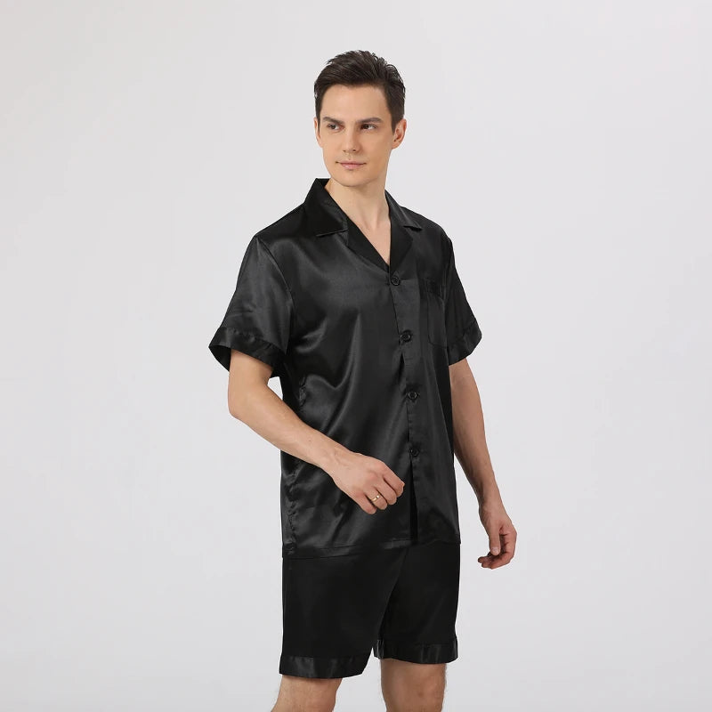 European Size Men's Satin Silk Pajamas - Short Sleeve & Shorts Set