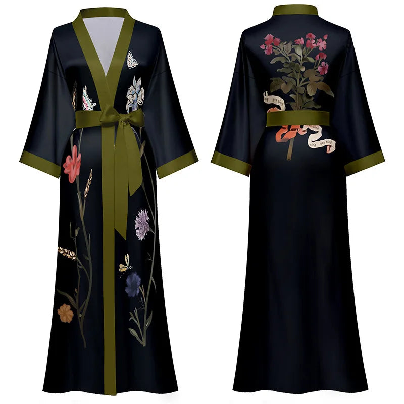 Black Floral Print Kimono Robe for Women