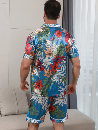 Men's Two-Piece Pajama Set – Summer Short-Sleeved Shorts with Leaf Pattern