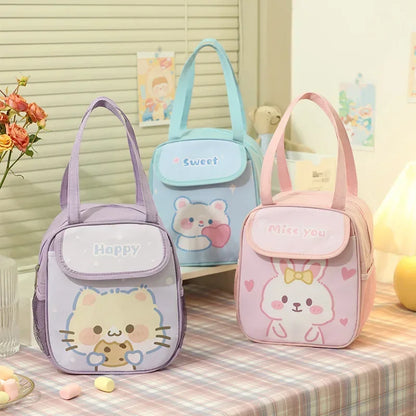 Cute Portable Lunch Box for Kids | Pink Bunny Thermal Insulated Bento Bag | Kawaii Food Storage Pouch | School Lunch Container