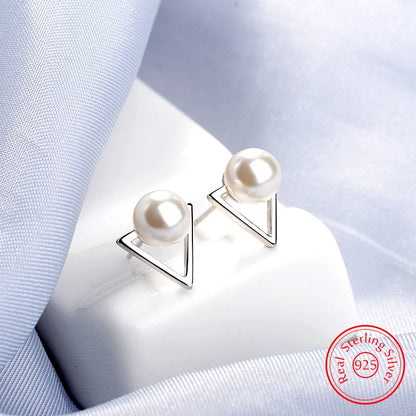 925 Sterling Silver Triangle Pearl Stud Earrings