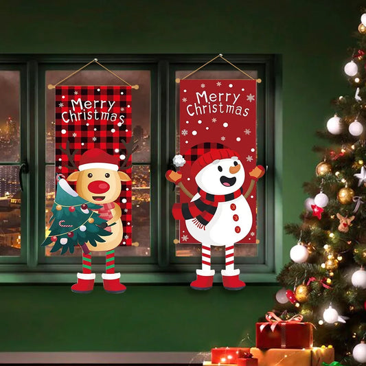 Christmas Flag Hanging Decor – Santa, Reindeer & Snowman Wall Art