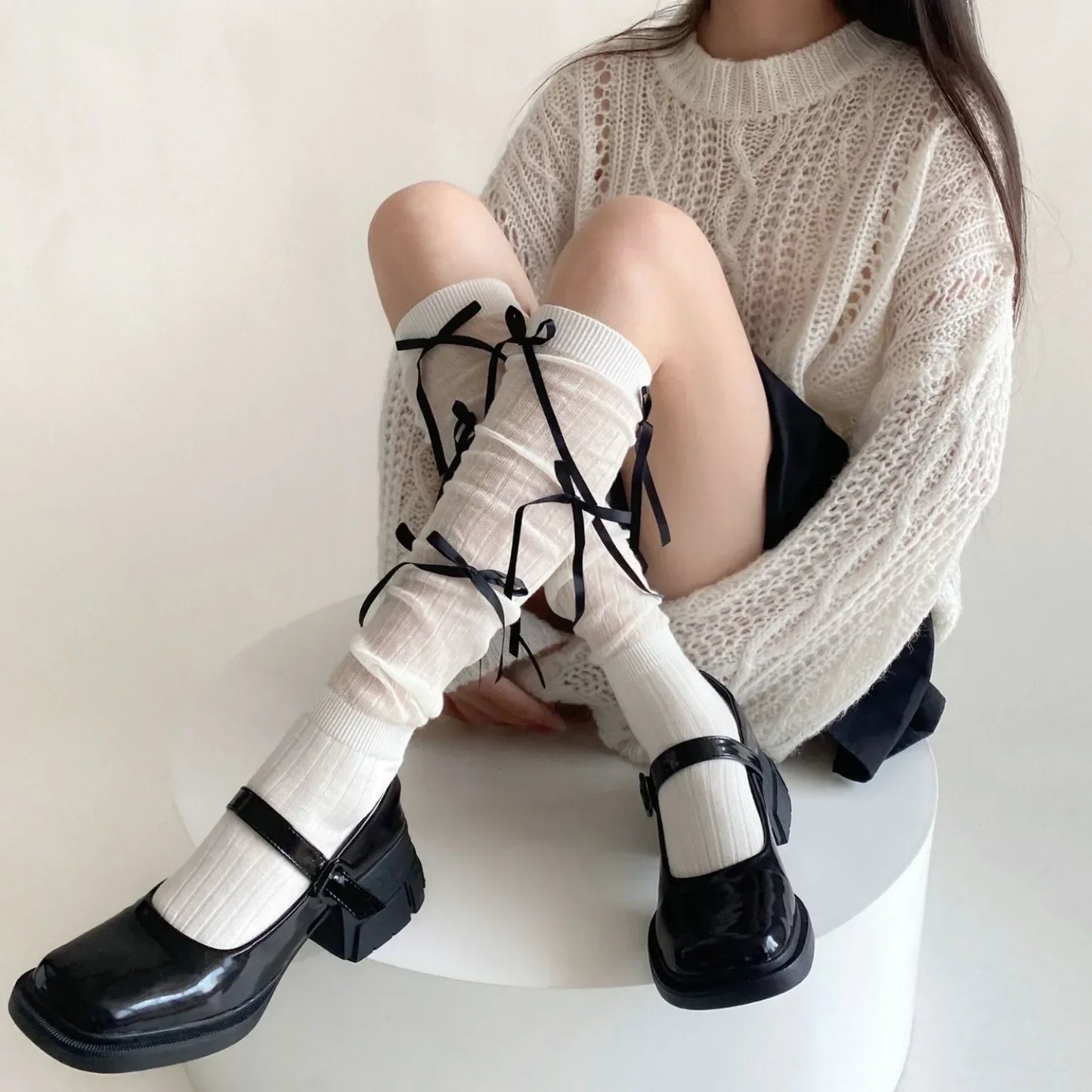 Lolita Kawaii Knee-High Socks with Bowknot - Ballet Style