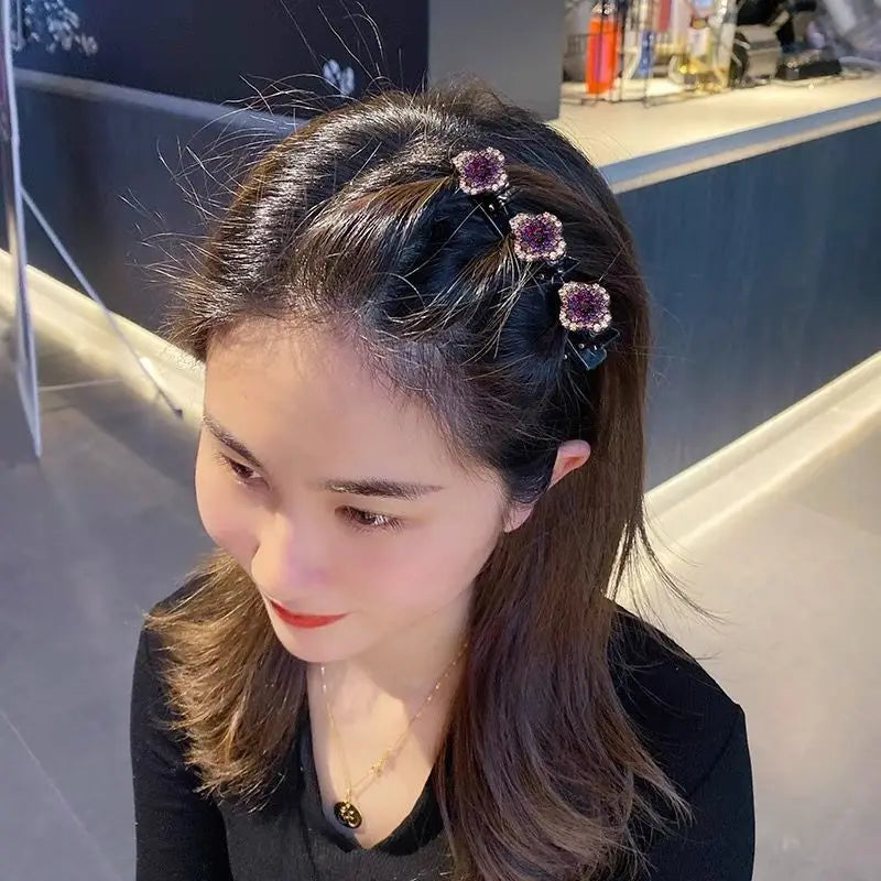 Crystal Stone Braided Hair Clips | Sparkling 3-Flower Accessory