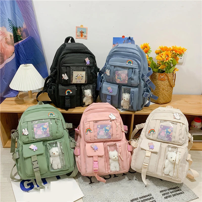 Preppy School Bag | Cute Nylon Student Backpack with Badge Pendant