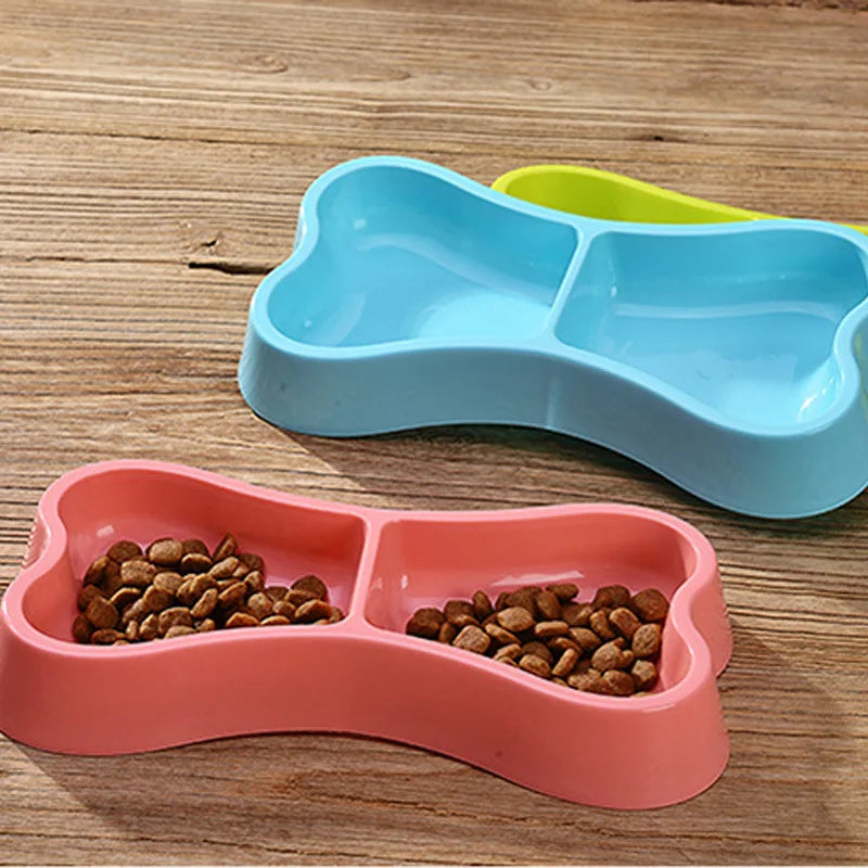 Home Dog Feeder Bowls | Safety Plastic Double Bone-Shaped Pet Dish