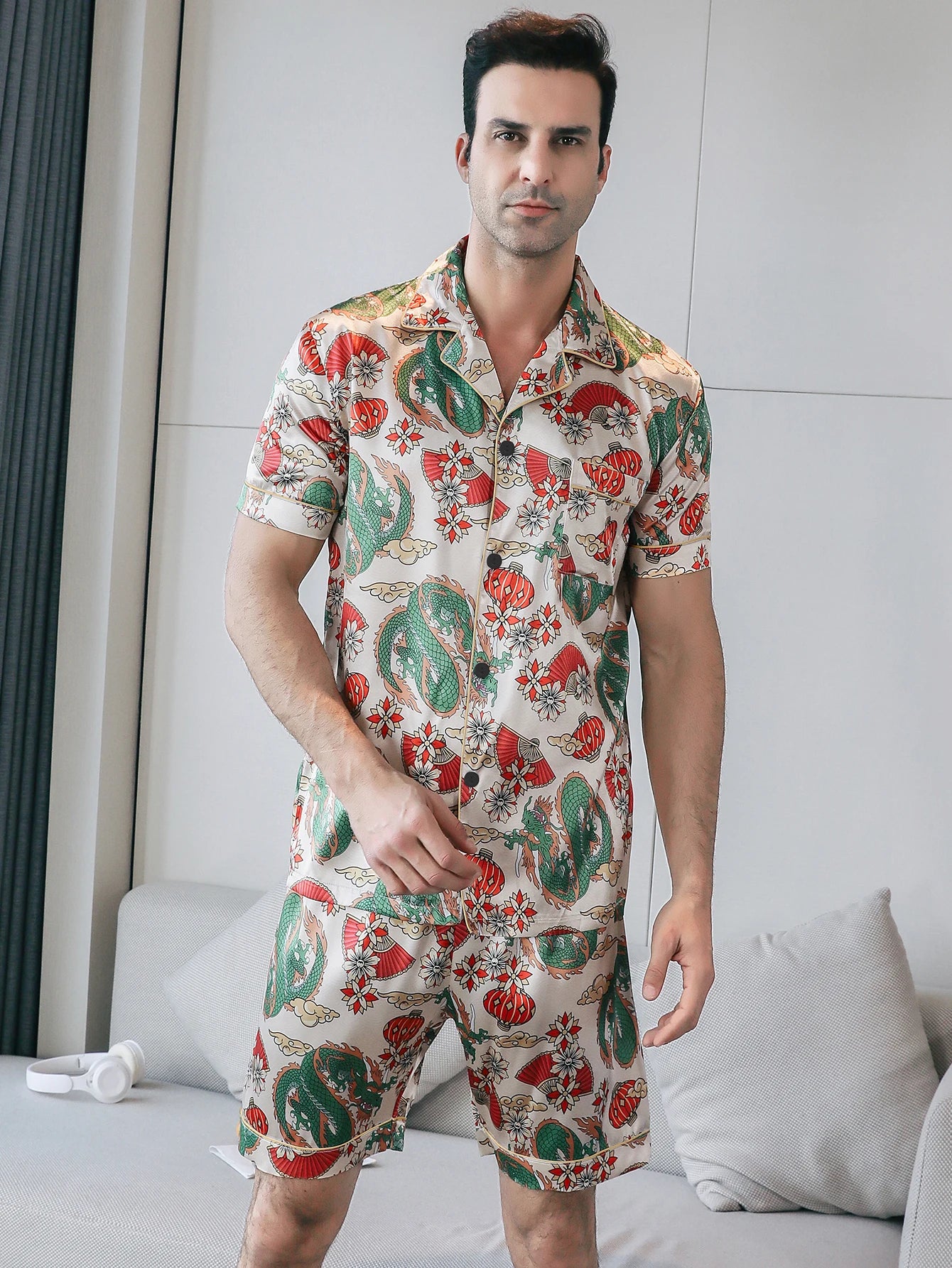 Men's Two-Piece Pajama Set – Summer Short-Sleeved Shorts with Dragon Pattern