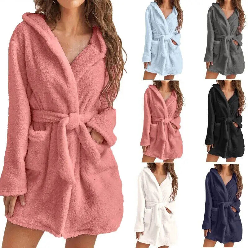 Women’s Winter Bathrobe - Plush Coral Fleece Hooded Gown